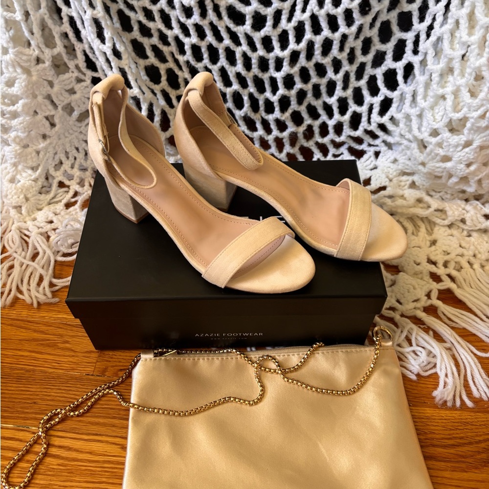 Azazie Beige Block Heel Sandals